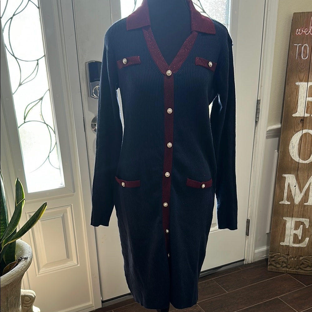 G by Giuliana Navy and Burgundy Long Sleeve Dress